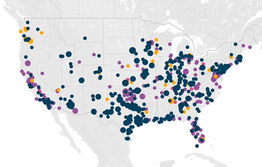 Screenshot of a map showing fatal work zone crashes by work zone type that happened in 2023.