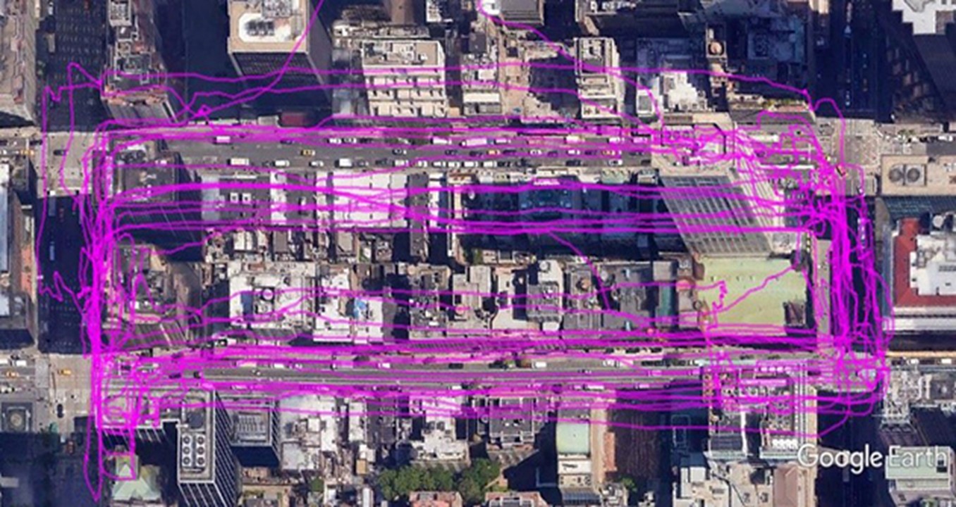 An aerial map of downtown Manhattan with lines depicting vehicle paths.