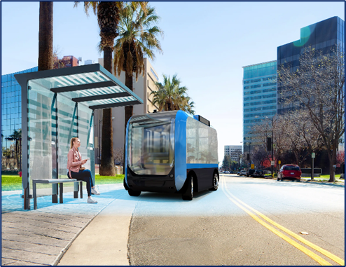 An automated shuttle picking a person up from a bus stop