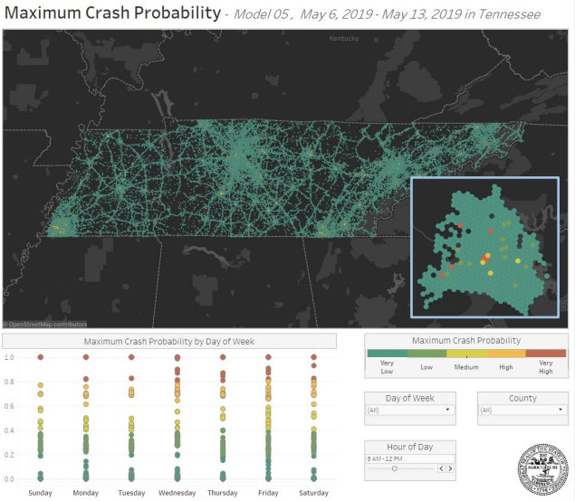 A map and graph showing the maximum crash probability of Tennessee