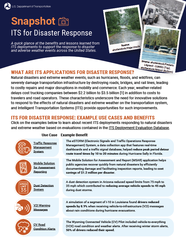 Cover page of ITS for Disaster Response Snapshot