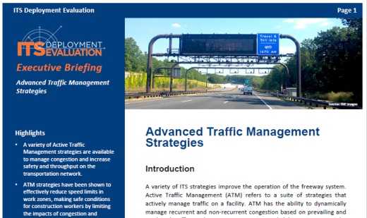 Cover page of the 2019 Advanced Traffic Management Strategies Executive Briefing, with an image of a freeway with an overhead gantry sign indicating current travel times.