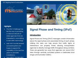 Cover page of the 2020 Signal Phase and Timing (SPaT) Executive Briefing, with images of traffic signals at downtown signalized intersections depicting wireless communications with an approaching vehicle. 