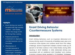 Cover page of the 2020 Errant Driving Behavior Countermeasure Systems Executive Briefing, with images of a driver holding a mobile device while behind the wheel and a roadway overhead sign reading "Wrong Way Driver Ahead- Exit Freeway".