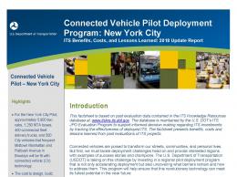 Cover page of the 2018 Connected Vehicle Pilot Deployment Program: New York City fact sheet, with images of taxi cabs and buses driving in downtown New York City.