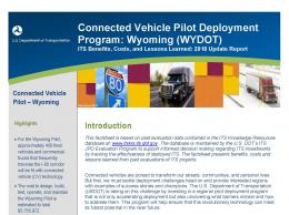 Cover page of the 2018 Connected Vehicle Pilot Deployment Program: Wyoming fact sheet, with images of an Interstate 80 road sign and heavy duty trucks.