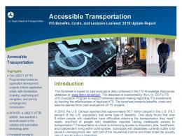 Cover page of the 2018 Accessible Transportation fact sheet, with images of a handicap sign, a man in a wheelchair deboarding a bus, and a visually impaired man using a walking stick.