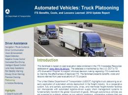 Cover page of the 2018 Automated Vehicles: Truck Platooning fact sheet, with an image of heavy duty trucks driving on a freeway.