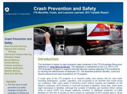 Cover page of the 2017 Crash Prevention and Safety fact sheet, with images of a driver receiving an in-vehicle stop alert and brake lights.