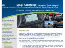 Cover page of the 2017 Driver Assistance: Navigation, Driver Communication, and In-Vehicle Systems fact sheet, with images of onboard navigational devices