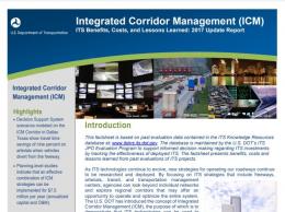 Cover page of the 2017 Integrated Corridor Management (ICM) fact sheet, with images of overhead gantries and monitors typical of a traffic management center