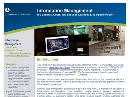 Cover page of the 2018 Information Management fact sheet, with images of CCTV camera video and traffic maps displayed on monitors.