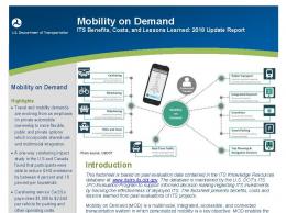 Cover page of the 2018 Mobility on Demand fact sheet, with a graphic of aspects of MOD, including carsharing, bikesharing, ridesharing, TNCs and taxis, real-time traffic, public transport, integrated payment, incentives, smart parking and trip planning & navigation services.