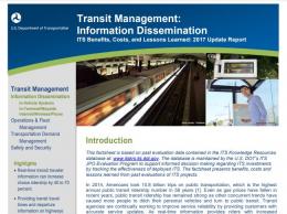 Cover page of the 2017 Transit Management: Information Dissemination fact sheet, with images of the DC metro and a real-time train arrival board.  