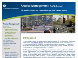 Cover page of the 2017 Arterial Management: Traffic Control fact sheet, with images of traffic signal heads at urban signalized intersections