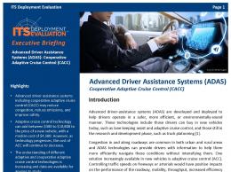 Cover page of the 2019 Advanced Driver Assistance Systems (ADAS): Cooperative Adaptive Cruise Control (CACC) Executive Briefing, with an image of a man in the front seat of a vehicle using an interactive touch screen in the center console. 