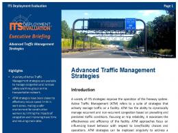Cover page of the 2019 Advanced Traffic Management Strategies Executive Briefing, with an image of a freeway with an overhead gantry sign indicating current travel times.