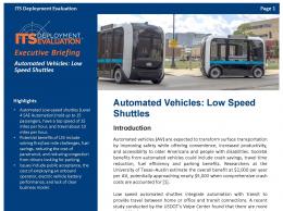 Cover page of the 2019 Automated Vehicles: Low Speed Shuttles Executive Briefing, with an image of two automated shuttles.