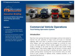 Cover page of the 2019 Commercial Vehicle Operations: Truck Parking Information Systems Executive Briefing, with an image of a white, black, red and yellow heavy duty freight trucks lined up 
