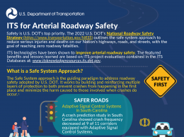 Infographic depicting a Safe System Approach for ITS for Arterial Roadway Safety, including Safer Roads, Safer People, Safer Vehicles, Safer Speeds, and Post-crash Care