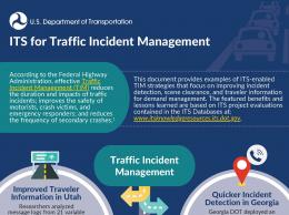 Infographic depicting examples of deployed ITS-enabled TIM strategies, improved traveler information in Utah, quicker on-scene clearance in South Carolina, and quicker incident detection in Georgia.
