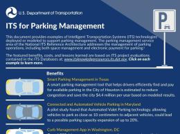 This infographic, featuring benefits of ITS for parking management, including a smart parking management system in Texas, connected and automated vehicle parking technology in Maryland, and a curb management app in Washington, D.C.