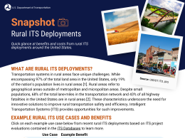 Snapshot depicting examples of the benefits and costs from rural ITS deployments, including rural pedestrian crossings in Vermont, a curve speed warning system in Minnesota, a driveway assistance device in Ohio, an animal detection system in Idaho, and an automated bridge deck warning system in Michigan.