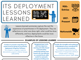 This infographic summarizes key information about the lessons learned database, including general statistics (e.g., number of entries, years covered, geography), five sample lessons learned, the six goal areas (e.g., safety, mobility), and deployment efforts offering lessons learned. 