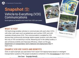 Snapshot depicting examples of the benefits and costs from V2X use cases, including forward collision warning in Florida, connected snowplows in Utah, queue trucks with digital alerts in Indiana, signal priority for school buses in Georgia, and a pedestrian signal system in New York.