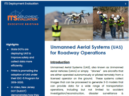 Cover page of the 2020 Unmanned Aerial Systems (UAS) for Roadway Operations Executive Briefing, with images of a team of roadway workers in neon yellow vests controlling a drone outdoors with a remote controller.