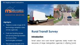 Cover page of the 2020 Rural Transit Survey Executive Briefing, with images of a white cargo van and a bus traveling on a rural road.