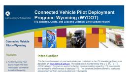 Cover page of the 2018 Connected Vehicle Pilot Deployment Program: Wyoming fact sheet, with images of an Interstate 80 road sign and heavy duty trucks.