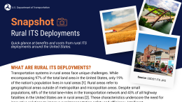 Snapshot depicting examples of the benefits and costs from rural ITS deployments, including rural pedestrian crossings in Vermont, a curve speed warning system in Minnesota, a driveway assistance device in Ohio, an animal detection system in Idaho, and an automated bridge deck warning system in Michigan.