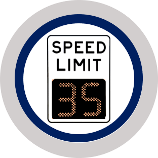 Graphic. Circular graphic for variable speed limits. Shows a speed limit sign with electronic display showing "35".
