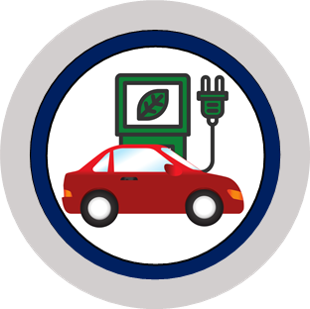 Graphic. Circular graphic for electric vehicle stations. Shows a red sedan in front of a green charging station with a leaf on the screen.